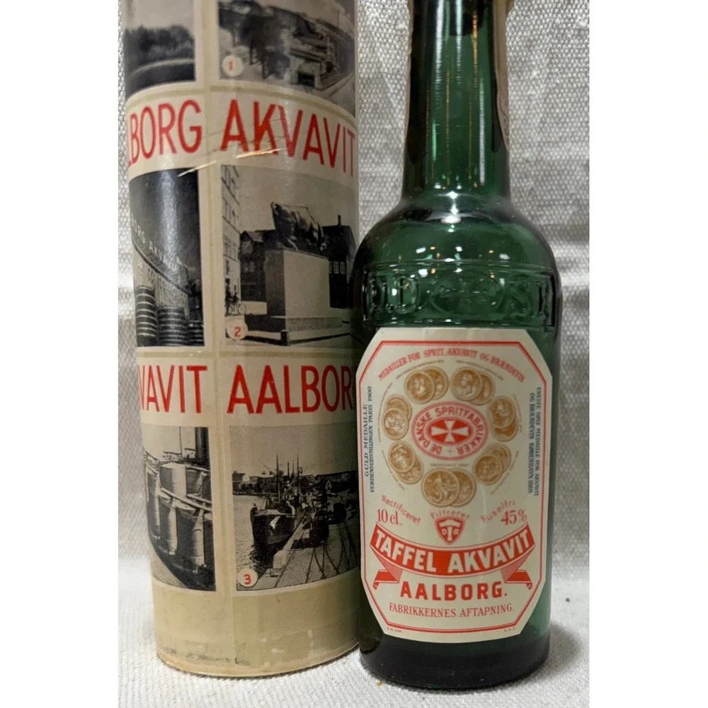 Vintage Aalborg Taffel Akvavit Green Glass bttle with Decorative Tube 10cl Empty